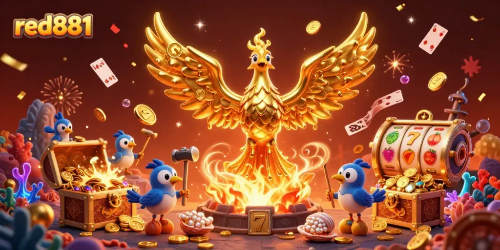 Experience the vibrant casino world of red881, featuring a golden phoenix amidst treasure and gaming elements.