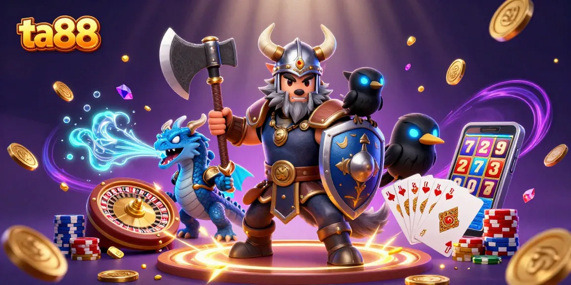 ta88 showcases a vibrant casino scene with cartoon Viking, dragon, and raven surrounded by dynamic game symbols.