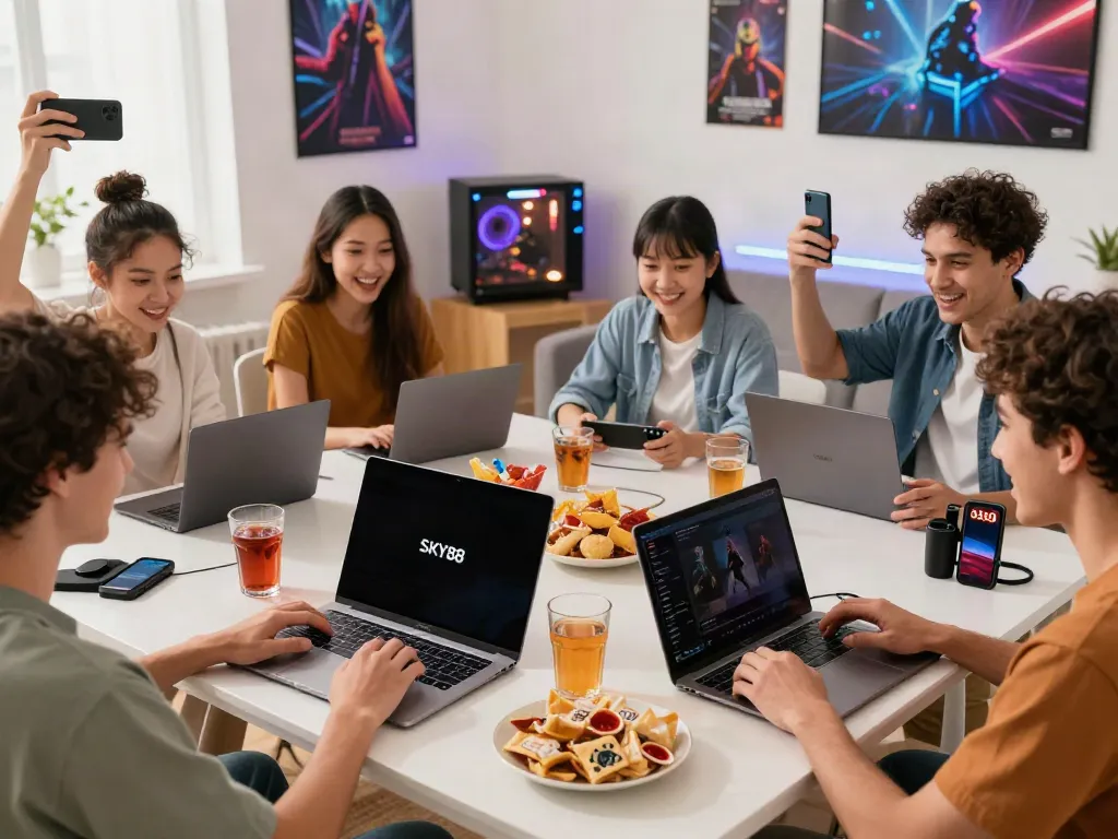 Sky88 online gaming experience with friends enjoying diverse games in a cozy atmosphere.