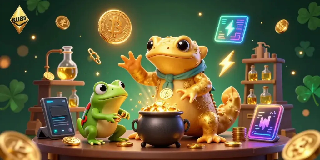 Engage with ku88 in a magical lab where alchemists transform metals into gold coins amidst vibrant casino elements.