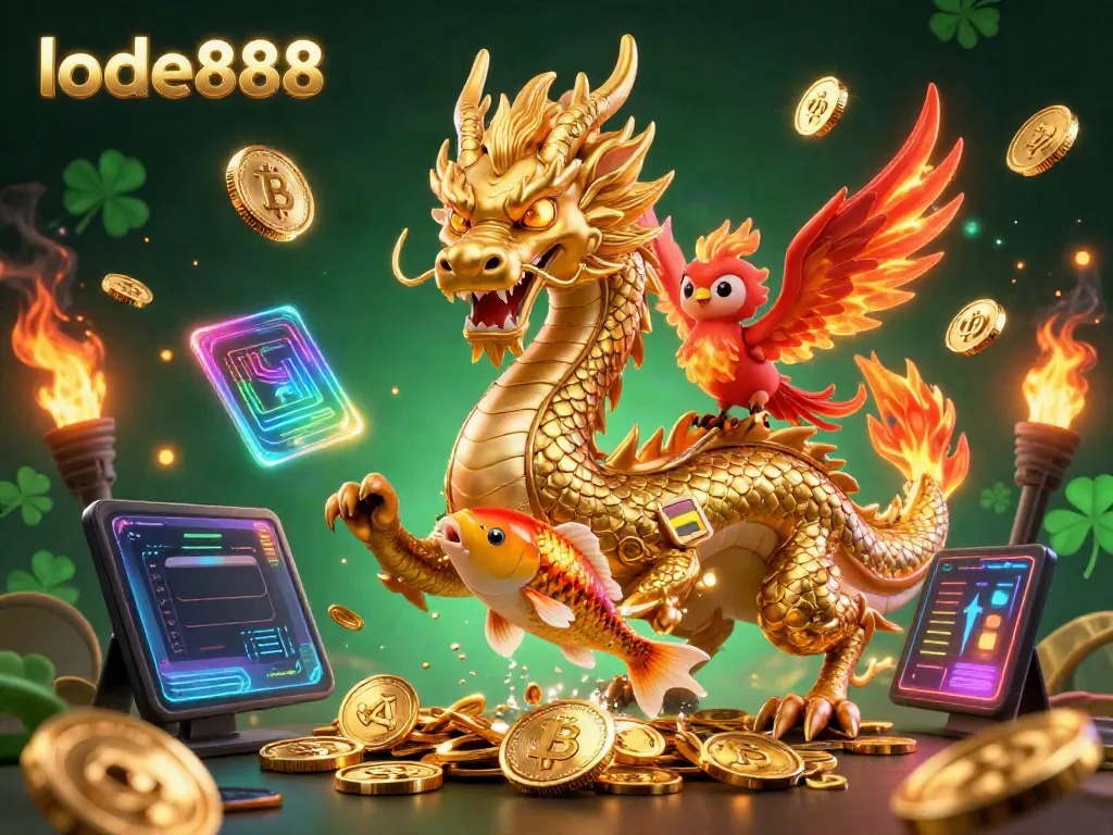 Experience thrilling gameplay with lode888 as the golden dragon and phoenix soar amid vibrant casino elements.