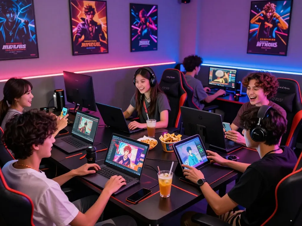 Friends enjoying game porn at a lively gaming lounge with devices.