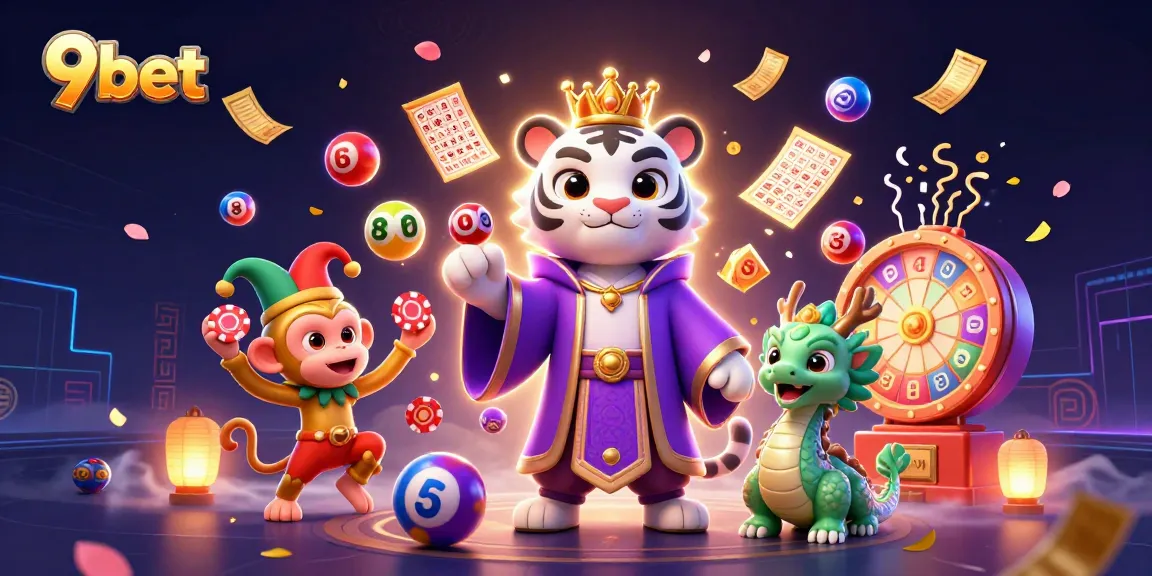 Experience the vibrant 9bet casino world with an elegant tiger and playful characters.