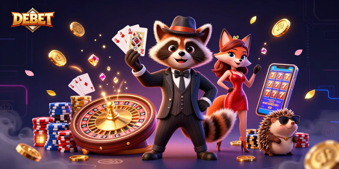 Engage in DEBET's thrilling gaming experience with a raccoon holding a royal flush.
