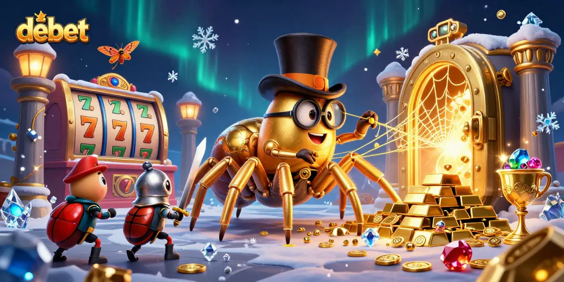 Experience thrilling wins at debet with a 3D scene filled with slot machines and dazzling treasures.