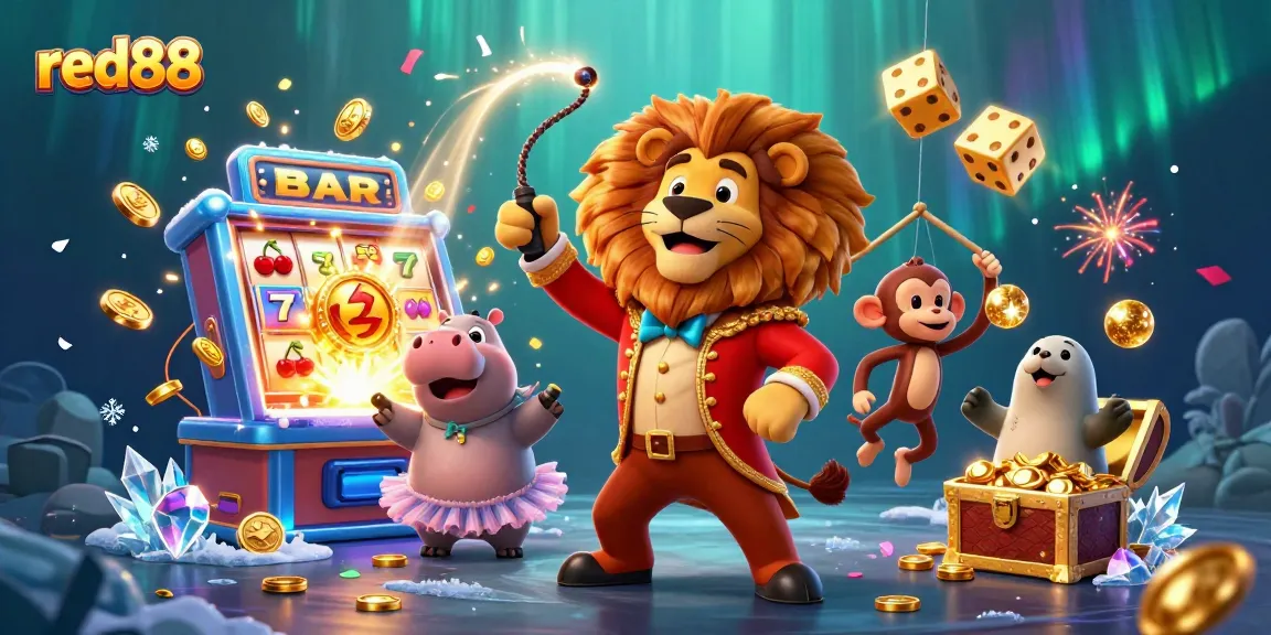Experience the excitement of red88 with a colorful 3D casino scene featuring fun characters and vibrant symbols.