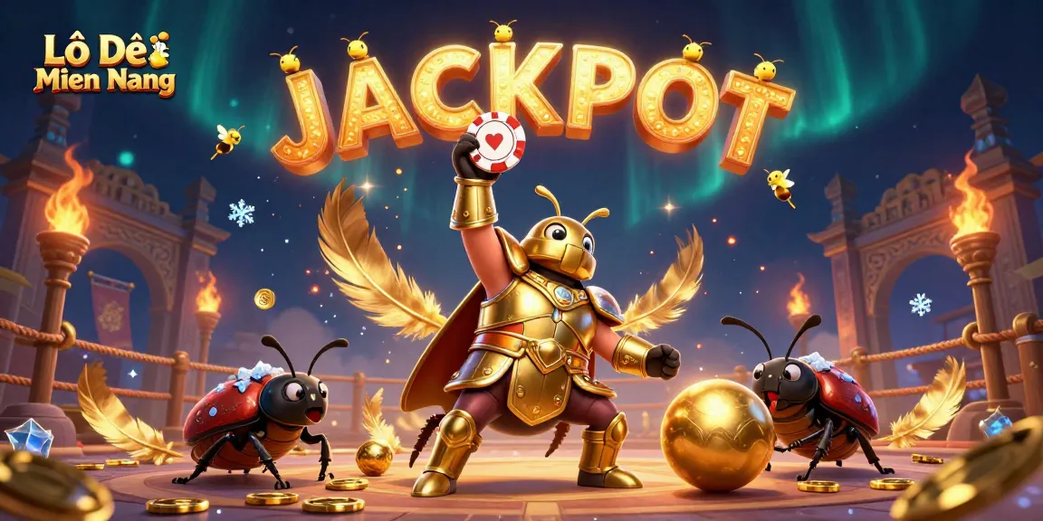 Lô Đề Miền Nam showcases victorious beetles in a casino arena celebrating a jackpot with vibrant betting elements.