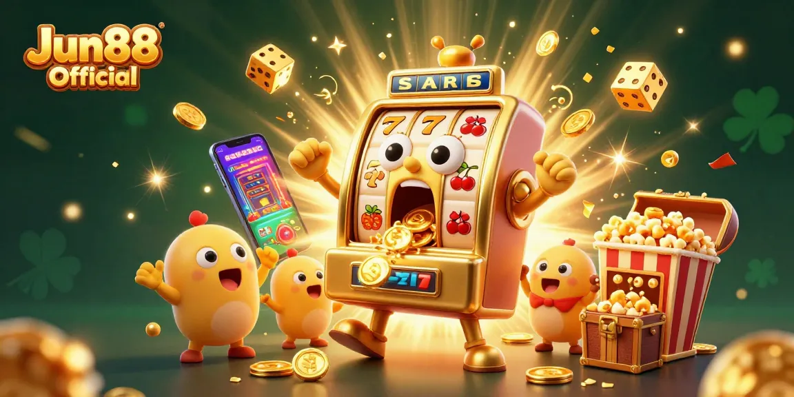 Engage with Jun88 Official as a golden slot machine celebrates a jackpot, surrounded by cheering baby slot machines.
